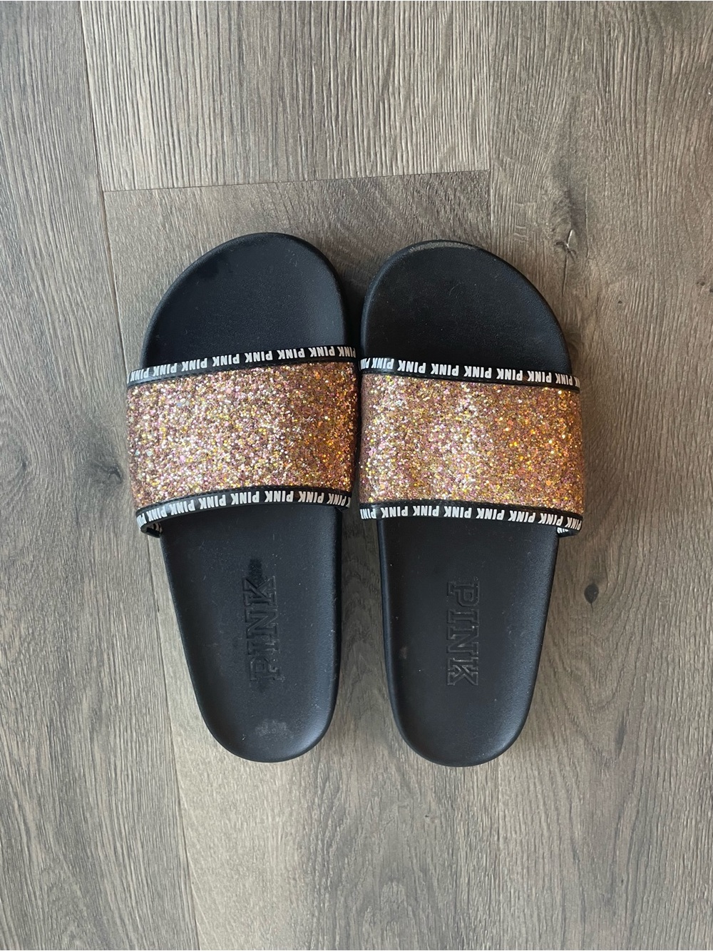 PINK Victoria's Secret Black Slide Sandals in Rose Gold Glitter Size 9